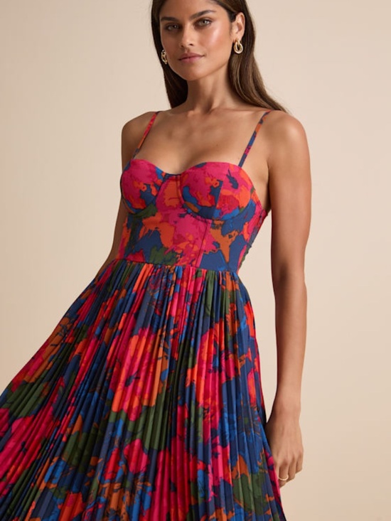 Lulus Dresses & Skirts - Lulus Dorothy Dark Blue Multi Floral Print Pleated Midi Dress - Size L